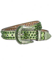 1pc Unisex Green Rhinestone Square Buckle PU Leather Shiny Rhinestone Decor Belt, Suitable For Punk, Club, Hip-Hop, Rock And Daily Wear Fall, Autumn, Halloween - Green - View 2