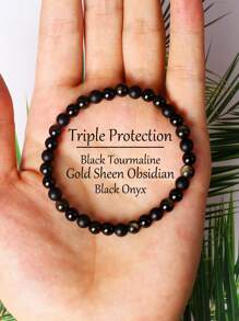 1 pieza Pulsera de cristal de triple protección con turmalina negra, obsidiana dorada, ágata negra, accesorio elegante para la estabilidad emocional y la armonía diaria, joyas de cuentas de 6 mm, regalos de agradecimiento para empleados