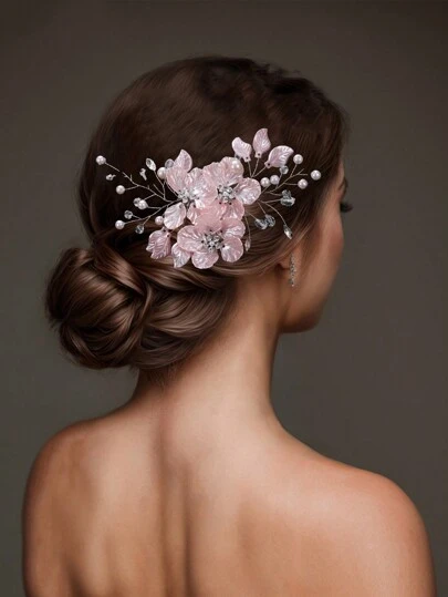 1pc New Korean Style Bridal Wedding Hair Accessory, White Shell Flower Petals Handmade Faux Pearl Crystal Hairpin Valentine's Day Valentines