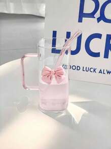 1 pieza Taza de café de 400ml con decoración de lazo rosa, vaso de agua para el hogar con pajita, vaso de cristal aislado estético, para uso en la oficina y el hogar - Rosa - Ver 3