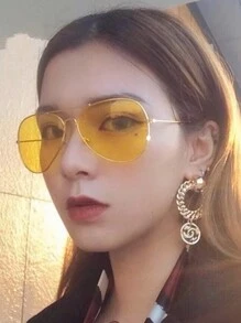 1PCS欧美潮人时尚眼镜男女金色框彩色海镜片金属眼镜飞行员司机开车蛤蟆镜时尚眼镜 - 彩色 - 查看 3