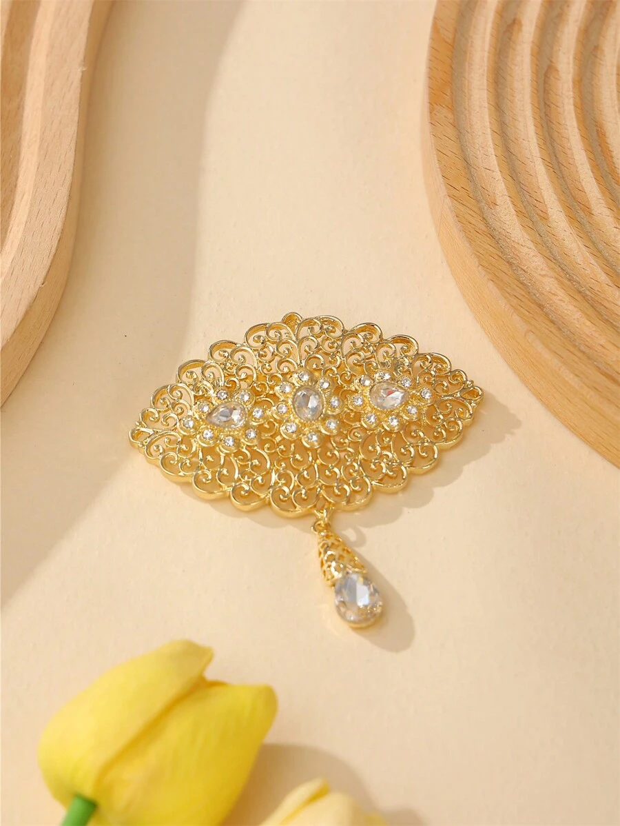 1 Pieza Broche De Aleación Decorado Con Elegantes Piedras Preciosas De Rinestones Y Lapislázuli Con Estilo Marroquí Para Bodas, Novias, Festivales Y Fiestas - Dorado - Ver 1