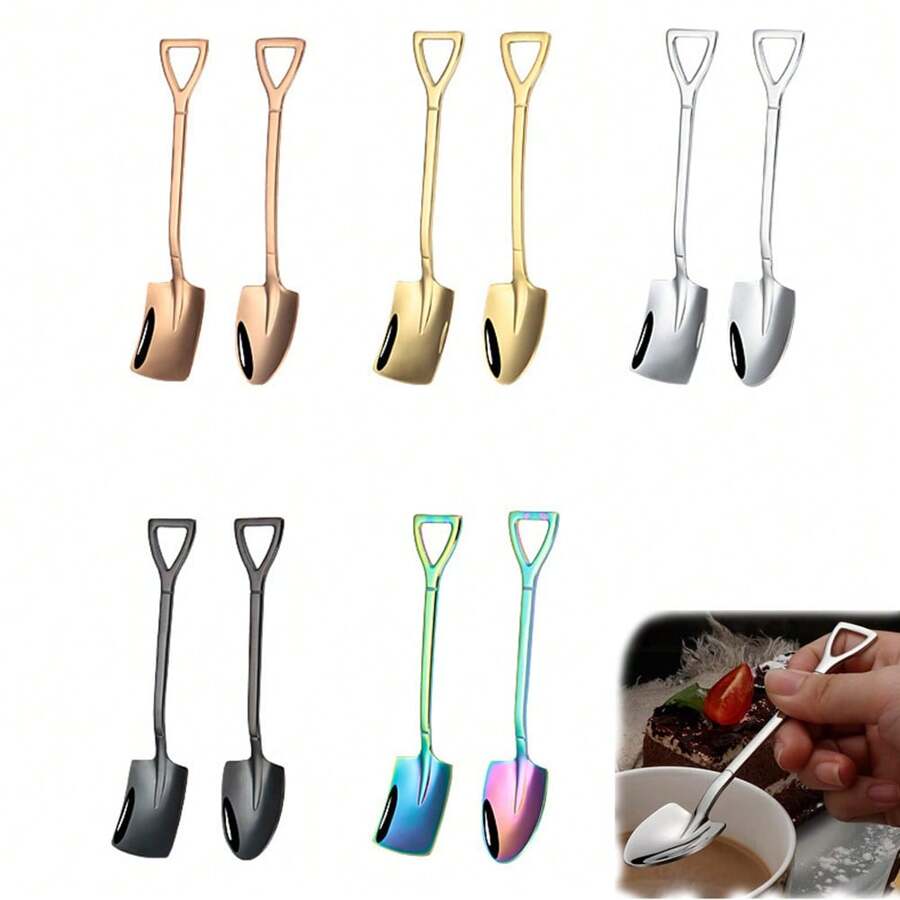 2/4/6/12PCS Shovel Spoons Stainless Steel Spoon, Colorful Ice Cream Scoop, Reusable Spoon, Dessert Scoop, Mini Coffee Spoons, Small Spoons For Dessert,Tea, Appetizer, Home Kitchen Party Restaurant Party Supplies,School Supplies
