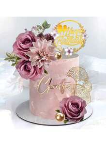 12 Stück Blumen Kuchendeko Boho Kuchendeko-Set Rosa und Lila Palmenblätter Kuchendekorationen und Schmetterling Kuchendekoration mit künstlichen Rosen für Hochzeit, Geburtstag, Boho Blumen Mottoparty, Weihnachten