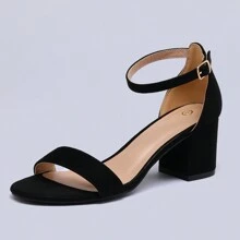 Women Chunky 2.25 Inch Low Heels Sandals Summer Solid Ankle Strap Wedding Shoes For Party - Black - View 2