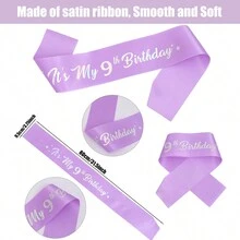 Un set de regalo de cumpleaños de 6 piezas para mujeres de 4, 5, 6, 7, 8, 9 y 10 años, que incluye una corona de cumpleaños, un cinturón, un adorno para tarta, velas de cumpleaños, globos de papel de aluminio y una pancarta de "Feliz Cumpleaños". Decoraciones de cumpleaños para damas, suministros para fiestas de cumpleaños (Púrpura) - Morado - Ver 10