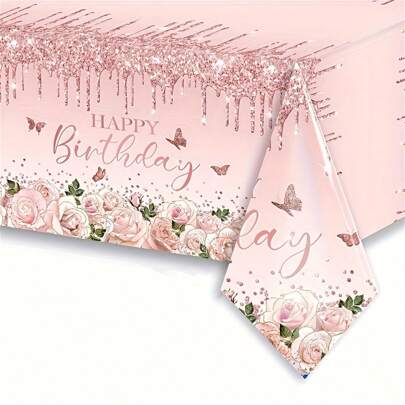 1 件粉色和玫瑰金生日快乐印花桌布，闪光水钻桌布派对闪光桌布亮片印花塑料桌布适合女士生日婚礼派对、圣诞节