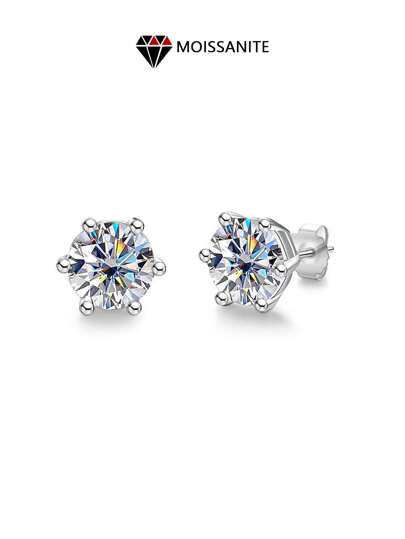 Um par de brincos com incrustação de Moissanita clássica de 6 garras em prata S925 com 0,3 a 2 quilates, adequado para uso diário por homens, mulheres e casais, apropriado para férias, viagens diárias, festas, casamentos, noivado, casamento e propostas, adequado para esposas e namoradas, presentes de aniversário e aniversário de casamento.