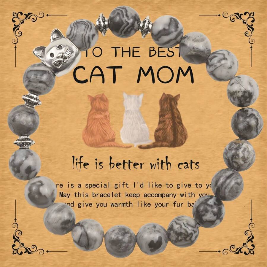 1 件天然石猫主题手链，附有“猫妈妈”祝福卡，可爱的猫串珠弹性首饰，是情人节或生日情人节送给女性的可爱礼物 - CAT MOM - 查看 1