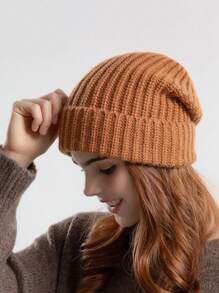 Bonnet tricoté classique rétro ample de couleur unie pour femmes, chapeau de ski épais et isolé pour l'hiver et l'automne