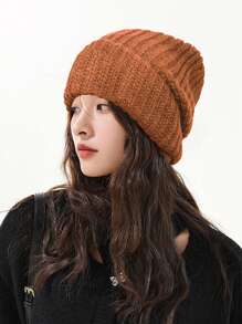 Bonnet tricoté classique rétro ample de couleur unie pour femmes, chapeau de ski épais et isolé pour l'hiver et l'automne