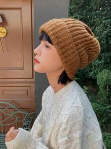 Bonnet tricoté classique rétro ample de couleur unie pour femmes, chapeau de ski épais et isolé pour l'hiver et l'automne