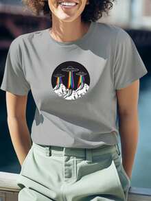 Women's T-Shirt Baby Look Alien Ship LGBT Gays Lesbians Cute Various Colors 100% Cotton - Grey - View 2