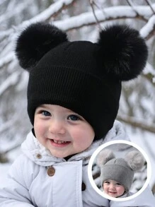 1 pieza Gorro de punto con doble bola para recién nacidos, gorros de niños, gorro de punto de invierno cálido para bebés - 1PC - Ver 2
