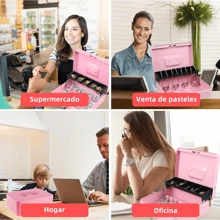 Caja Registradora, Caja para Dinero de Negocio con Llaves, Caja de Seguridad para Dinero con 4 Charolas y 5 Depósitos, Caja de Efectivo Portable para Guardar Joyas, Relojes, Billetes, Monedas - Rosa - Ver 6