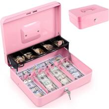 Caja Registradora, Caja para Dinero de Negocio con Llaves, Caja de Seguridad para Dinero con 4 Charolas y 5 Depósitos, Caja de Efectivo Portable para Guardar Joyas, Relojes, Billetes, Monedas - Rosa - Ver 1