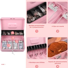 Caja Registradora, Caja para Dinero de Negocio con Llaves, Caja de Seguridad para Dinero con 4 Charolas y 5 Depósitos, Caja de Efectivo Portable para Guardar Joyas, Relojes, Billetes, Monedas - Rosa - Ver 3