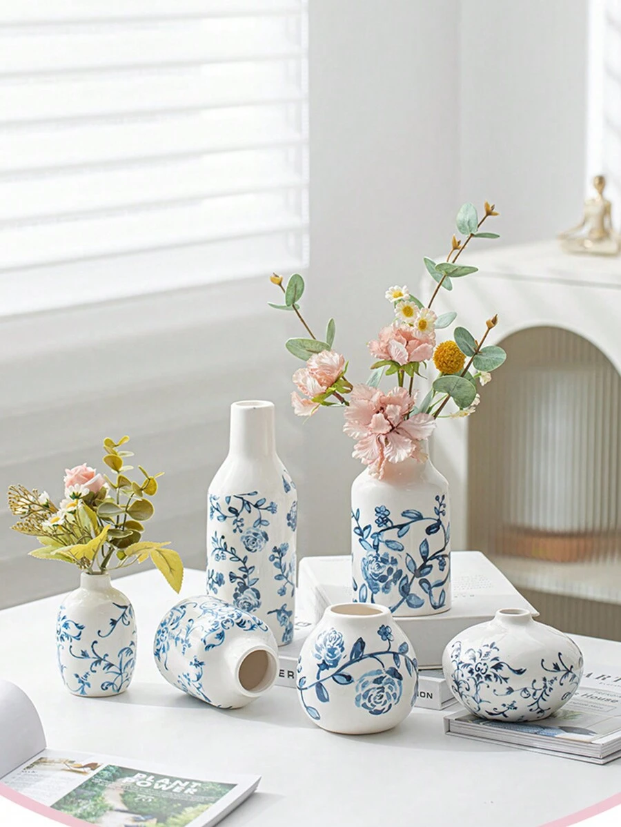 1pc Vintage Ceramic Small Flower Vases Rural Style Fresh Flowers Green