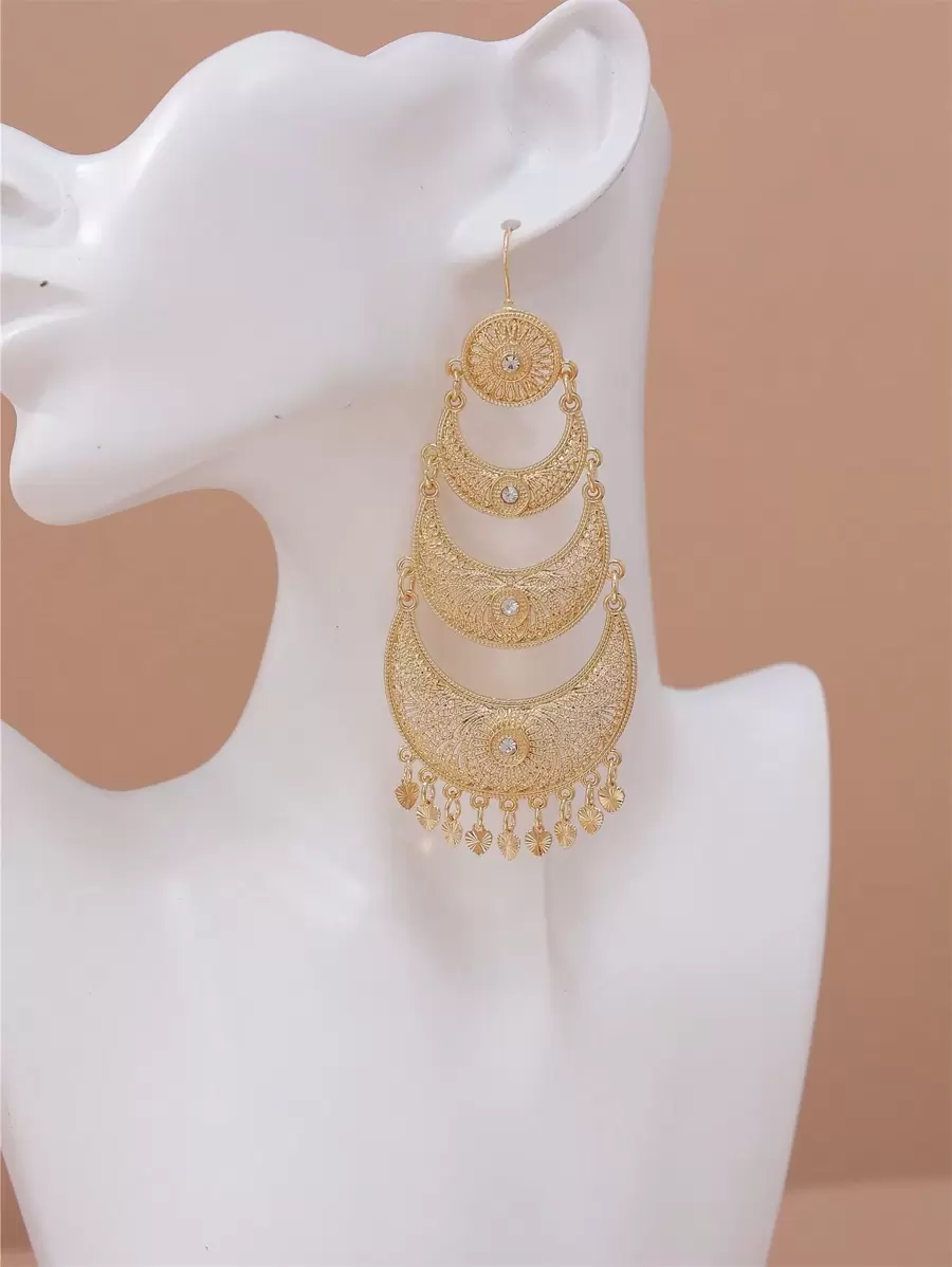 1對法式掛鉤設計的金屬月形耳環,女士的新月形和流蘇吊墜耳環,新娘婚禮耳環 - 金色 - 查看 1