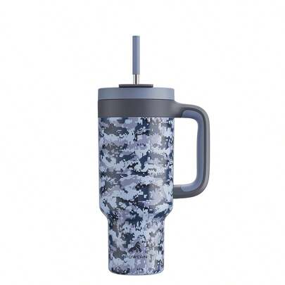 Cốc giữ nhiệt cách nhiệt 40oz/1.2L họa tiết rằn ri có tay cầm, nắp 2 trong 1 có ống hút/uống, chống rò rỉ, an toàn với máy rửa chén, cốc cà phê du lịch cách nhiệt chân không bằng thép không gỉ, giữ lạnh đến 34 giờ, vừa với giá đỡ cốc trên ô tô (Họa tiết rằn ri kỹ thuật số màu xanh hải quân)