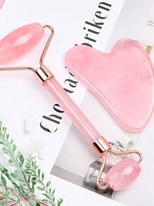 2-Ended Rose Quartz Massage Roller Set, Heart-Shaped Face & Eyes Massage Scraping Tool Combo - Pink - View 1