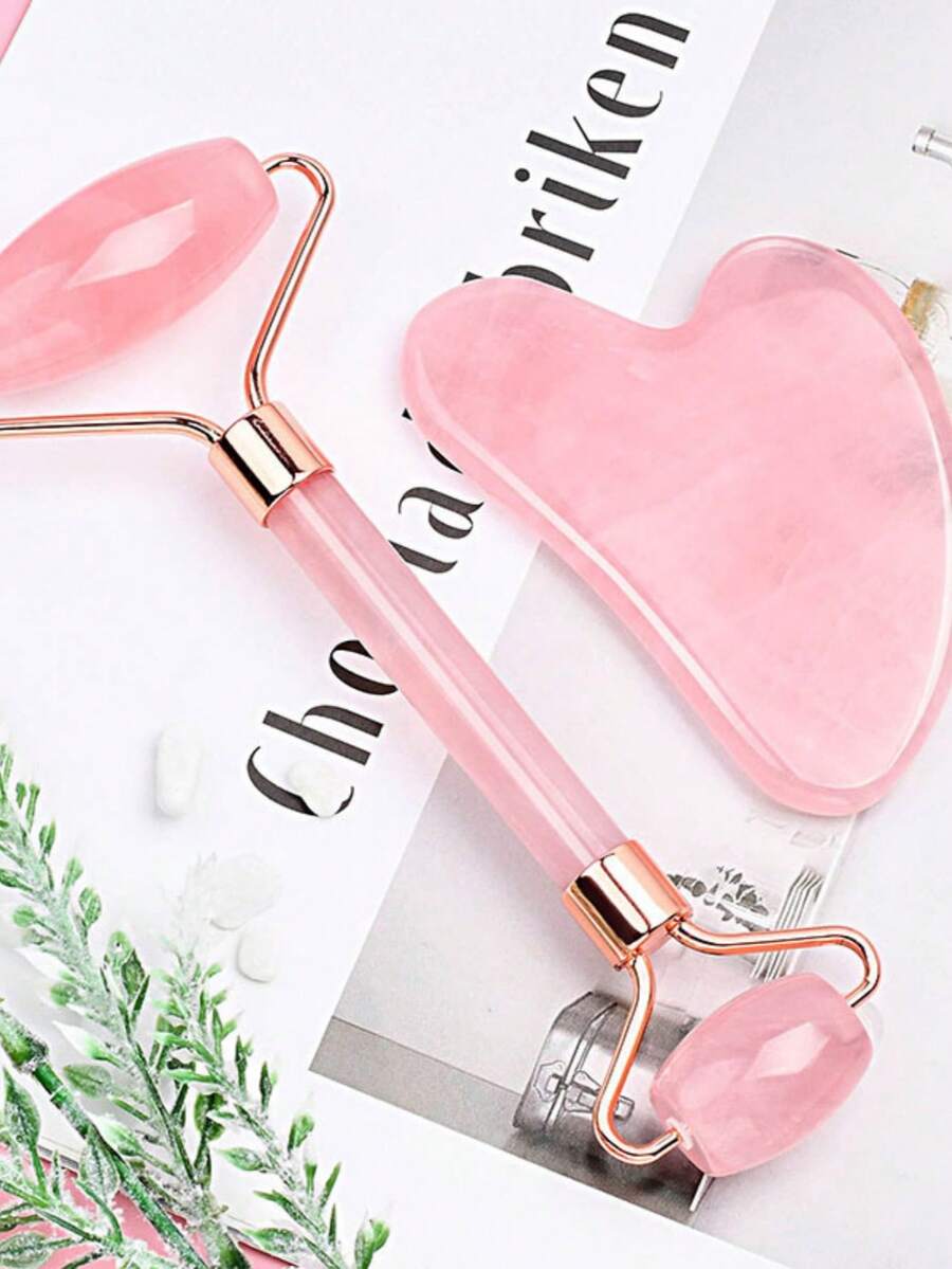 2-Ended Rose Quartz Massage Roller Set, Heart-Shaped Face & Eyes Massage Scraping Tool Combo - Pink - View 1