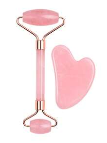 2-Ended Rose Quartz Massage Roller Set, Heart-Shaped Face & Eyes Massage Scraping Tool Combo - Pink - View 5
