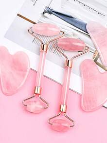 2-Ended Rose Quartz Massage Roller Set, Heart-Shaped Face & Eyes Massage Scraping Tool Combo - Pink - View 4