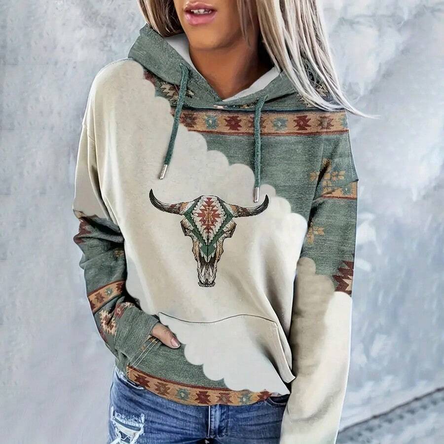 Estampados geométricos Sudaderas de Mujer,Con bolsillos estilo canguro con hombros caídos y sudadera con cordón - Verde - Ver 1
