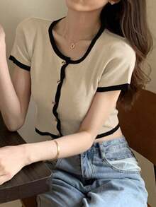 女式修身撞色短袖开衫，夏季 - 杏色 - 查看 4