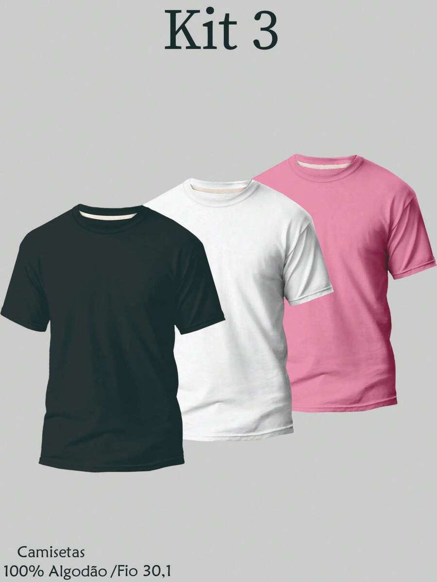 Kit 3 Plain Basic T-Shirt 100% Cotton Thread 30.1 Men's Unisex Breathable Reinforced Costume Fast Shipping!! - White - View 1