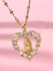 1pc Virgin Mary Heart Pendant Necklace,Retro Hollow Out New Design , For Women Female Wedding Catholic Jewelry Valentines,Mom,Mother,Mother's Day,Gift - Gold - View 2