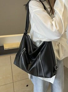 1 件（37 厘米 * 25 厘米 * 10 厘米）时尚女士单肩包、斜挎包、流浪包、挎包、背包、大容量、新月包、PU 材质防刮、适合购物、约会、聚会、工作通勤、可调节肩带长度、优雅简约休闲酷黑色单肩包