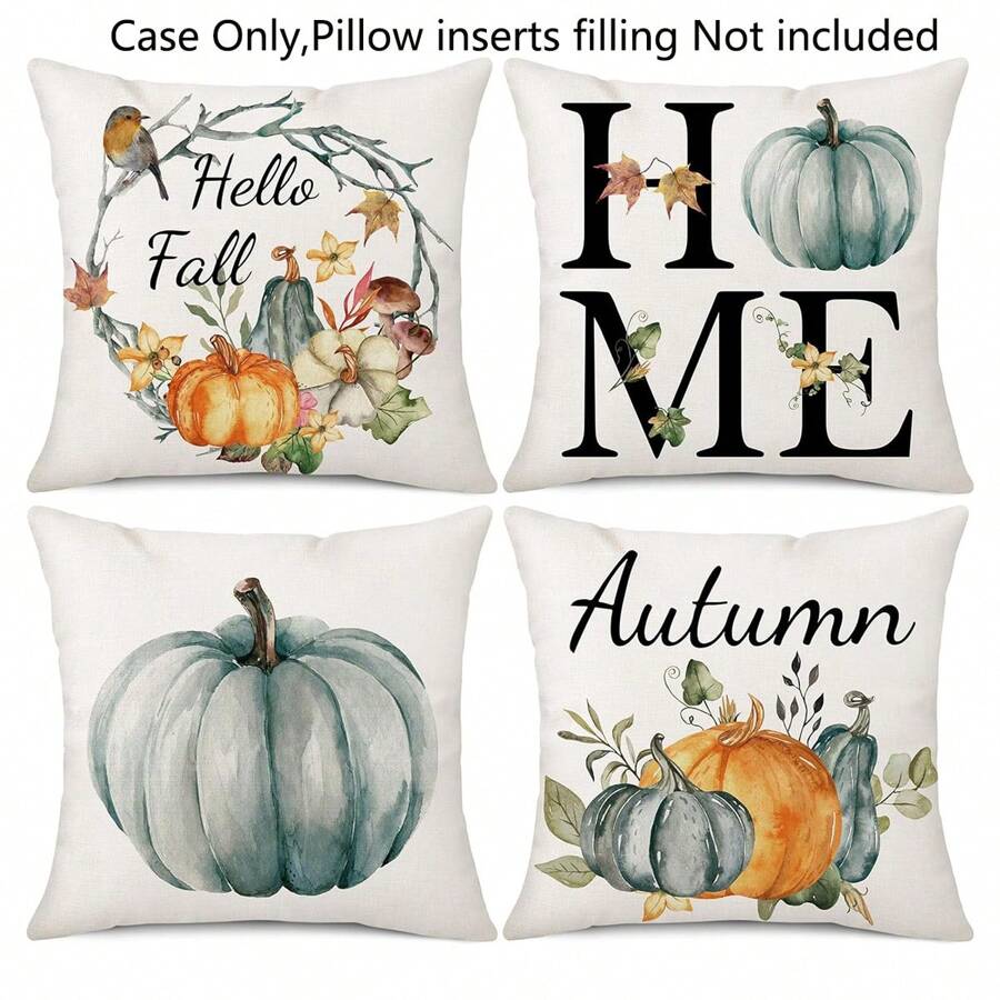 4pcs Square Polyester Linen Look Autumn/Winter Pumpkin & Maple Leaf Print Sofa Pillow Covers, No Filler - Multicolor - View 1