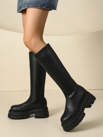 Fashionable Stretch Boots For Women, 2024 Autumn New Short Stature Slimming Tall Shaft Knight Boots, Thick Heels