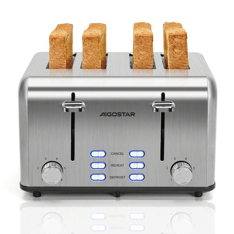 Aigostar Toaster 4 Slice Stainless Steel Toaster With Independent And Extra-Wide Slots, High Lifting, Defrost & Reheat Functions, Variable Browning Settings, Silver - Gordon 30ZGE - UK Plug(220-240V) - View 1