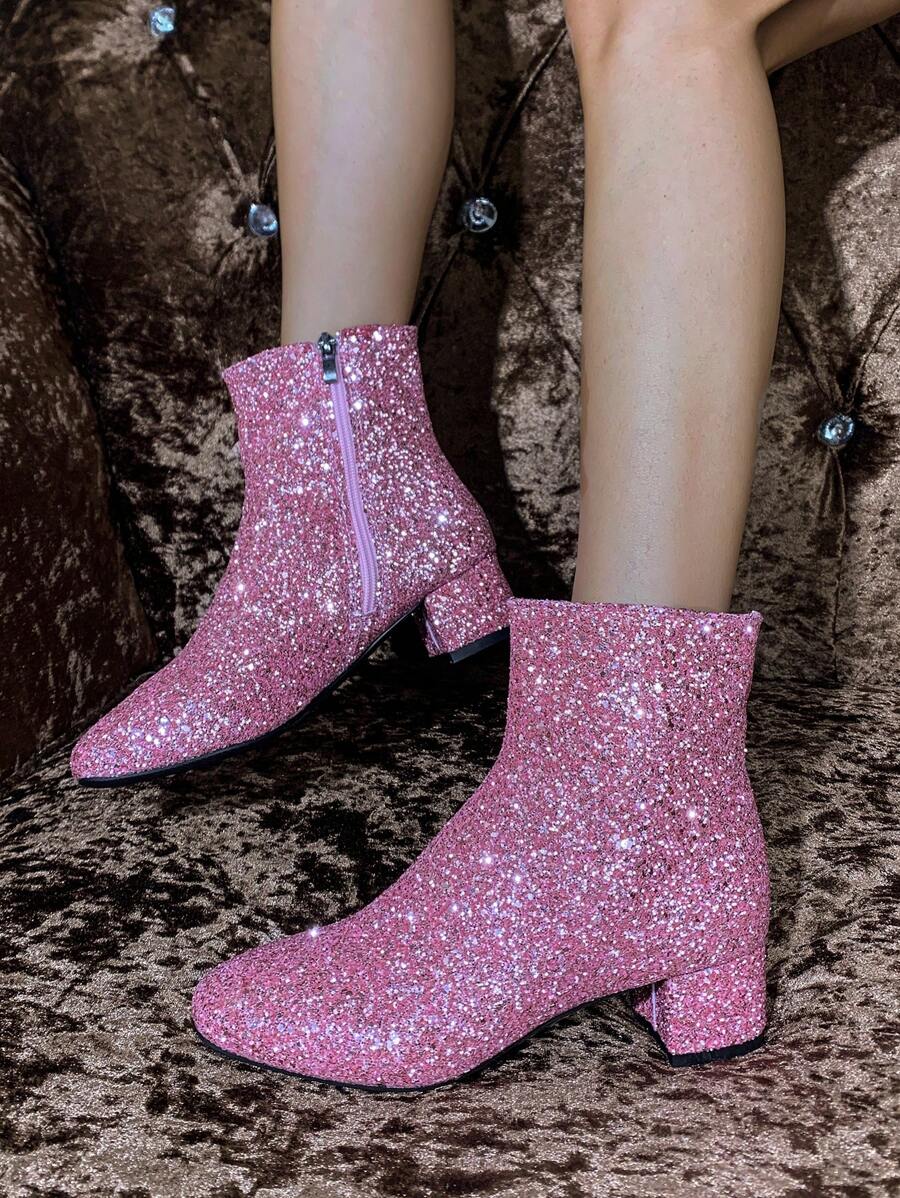 Glitzer Plateau Brautschuhe, Glänzende Damen Stiefel, Silber Glitzer High Heels Knöchel Stiefel