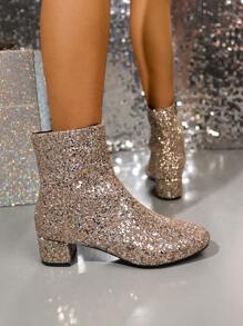 Glitzer Plateau Brautschuhe, Glänzende Damen Stiefel, Silber Glitzer High Heels Knöchel Stiefel