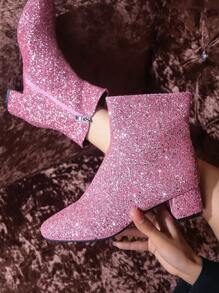 Glitzer Plateau Brautschuhe, Glänzende Damen Stiefel, Silber Glitzer High Heels Knöchel Stiefel