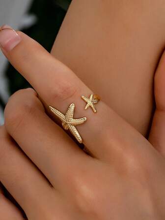 1 Pc Golden Color Summer Vacation Beach Style Sea Star Starfish Ring For Women