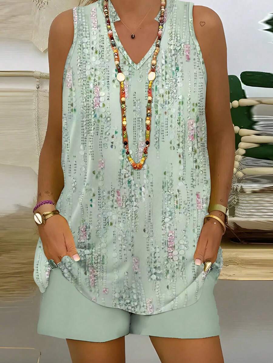 Bộ đồ nữ gồm áo tank top cổ chữ V không tay in hoa và quần short, trang phục thường ngày cho kỳ nghỉ hè. - Màu xanh Bạc hà - Xem 1