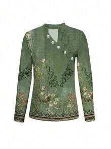 Women's Irregular Neck Printed Long Sleeve T-Shirt - Green - View 3