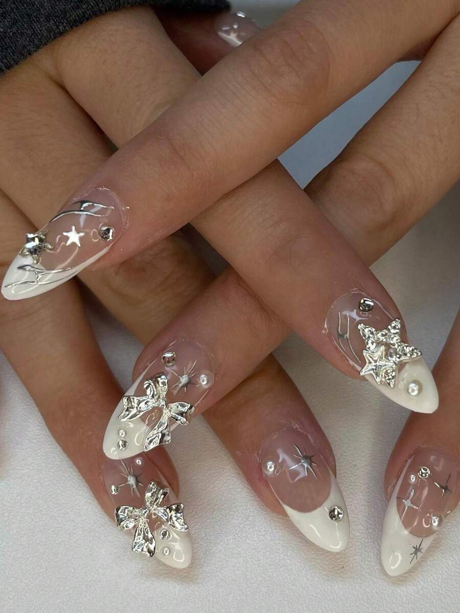 24pcs Y2K Almond French Tip Press On Nails Medium,  3D Stars & Bows Fit Perfectly Acrylic False Nails Set, Contain 1pc Jelly Glue And 1pc Nail File, Suitable For Women And Girls DIY Daily Work, Study And Party Use