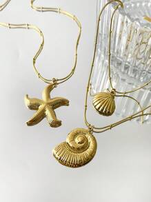 Monlansher 1pc Women Stainless Steel Beaded Necklace With Seashell, Starfish & Conch Pendants, Casual Ocean-Inspired Style, Fashion Layered Lightweight Luxury Everyday Wear