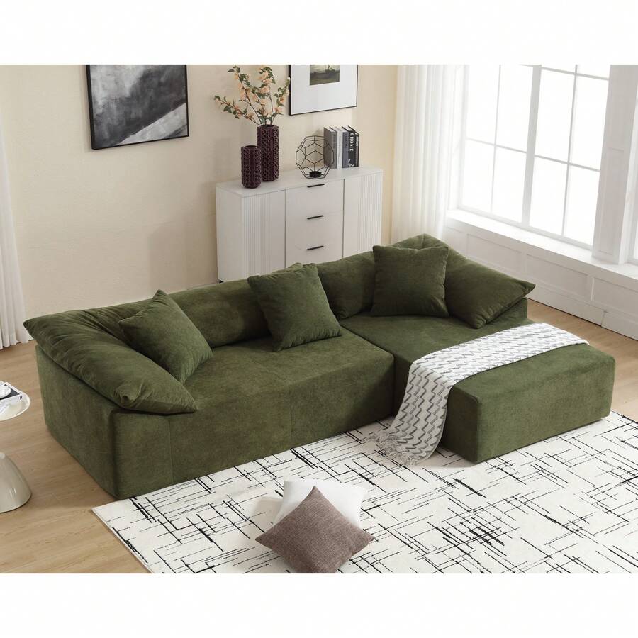 105.9" L Shaped Sectional Sofa, 2 Piece Modular Cloud Couch. Modern Comfy Floor Couch With 3 Pillows For Living Room Apartment Office, Terrycloth Fabric - màu xanh lá - Xem 1