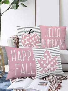 4 pièces/1 pièce Housse de coussin décorative de thanksgiving avec imprimé de citrouille à pois rose, feuille d'érable et rayure de lettre anglaise, couvre-coussin de décoration de thanksgiving
