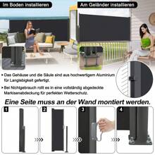 VA-Cerulean Store latéral extensible, protection contre le vent, auvent mural latéral, toile de store pour terrasse et balcon, 100x300cm / 120x300cm / 140x300cm, anthracite - Noir - Voir 2