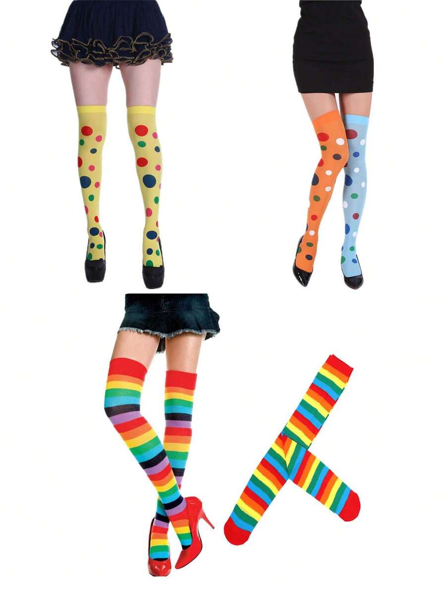 2 paar Halloween-bedrukte kousen met ruitmotief en strepen, hoge sokken voor cosplayfeestjes - Veel kleurig - Bekijken 1