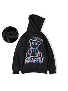 Kangaroo Cotton Sweatshirt With Graffiti Bear Print, Unisex - màu đen - Xem 3
