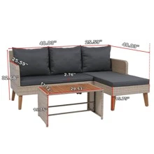 3 Piece Patio Sectional Wicker Rattan Outdoor Furniture Sofa Set Natural Yellow Wicker + Dark Grey Cushion YY Choice